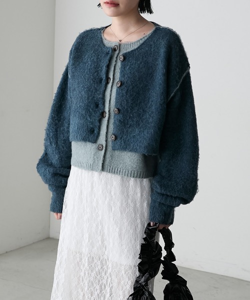 forksy.】ミックス起毛レイヤード配色ショートニットカーディガン