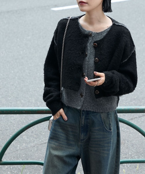 forksy.】ミックス起毛レイヤード配色ショートニットカーディガン
