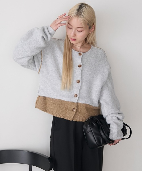 forksy.】ミックス起毛レイヤード配色ショートニットカーディガン