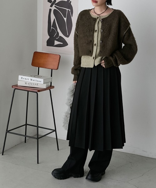 美品★FOXEY NEW YORK★ロゴプレート ショートカーディガン 40 forksy.】ミックス起毛レイヤード配色ショートニット