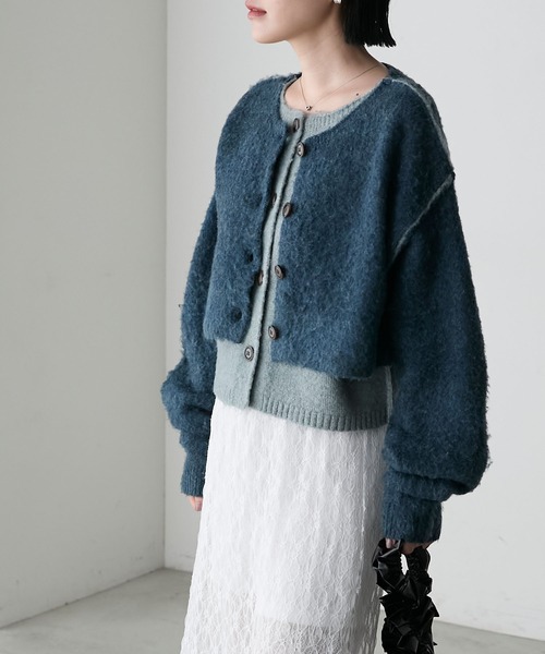 セール】【forksy.】ミックス起毛レイヤード配色ショートニット