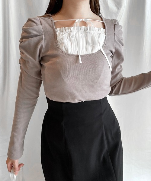 NOMAE（ノーマエ）の「【長袖で再登場!!】フリルレイヤード長袖トップス（Tシャツ/カットソー・レディース・ブラック/ネイビー/ブラウン/グレー/ブラック系その他・FREE）」の4枚目の写真