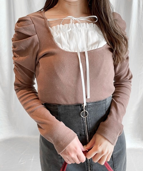 NOMAE（ノーマエ）の「【長袖で再登場!!】フリルレイヤード長袖トップス（Tシャツ/カットソー・レディース・ブラック/ネイビー/ブラウン/グレー/ブラック系その他・FREE）」の15枚目の写真