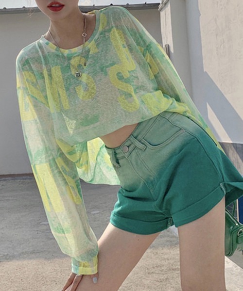 Miniministore(ミニミニストア)の「シアートップス 長袖レディースカットソー(Tシャツ/カットソー・レディース・イエロー×グリーン/ブルー・FREE)」の7枚目の写真
