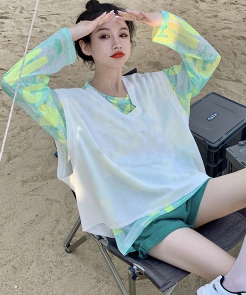 Miniministore(ミニミニストア)の「シアートップス 長袖レディースカットソー(Tシャツ/カットソー・レディース・イエロー×グリーン/ブルー・FREE)」の9枚目の写真