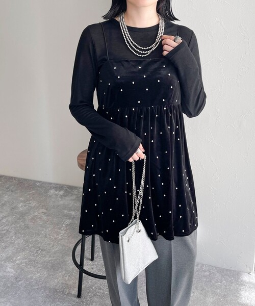 セール】《セットアップ対応》ベロアドット刺繍キャミブラウス
