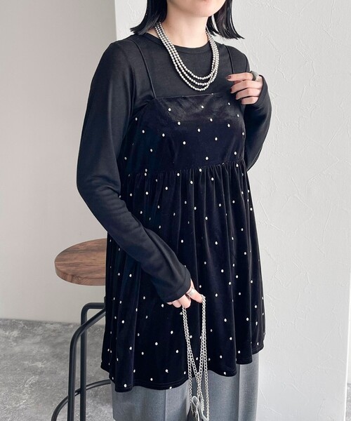 セール】《セットアップ対応》ベロアドット刺繍キャミブラウス