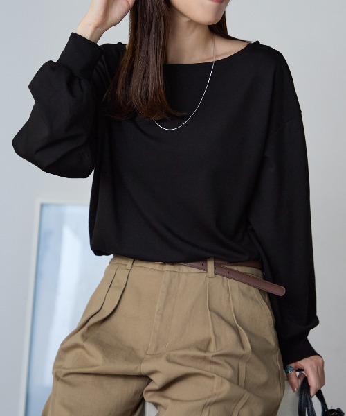 ボートネック ポンチ長袖プルオーバー/トップス（Tシャツ/カットソー