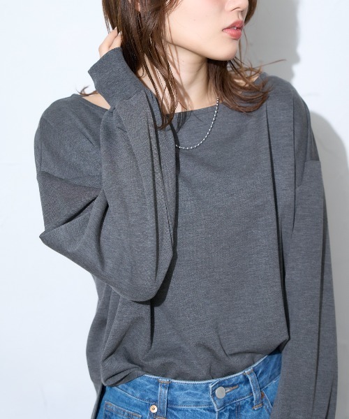TRIANGLE PALETTE(トライアングルパレット)の「ボートネック ポンチ長袖プルオーバー/トップス(Tシャツ/カットソー・レディース・グレー/ブラック/ホワイト/ダークグレー・FREE)」の13枚目の写真