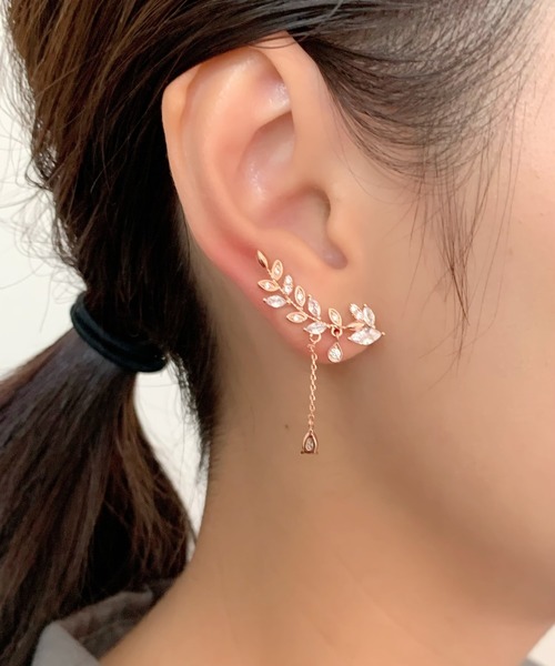 リーフモチーフ ビジューピアス イヤーカフ風  (両耳用)