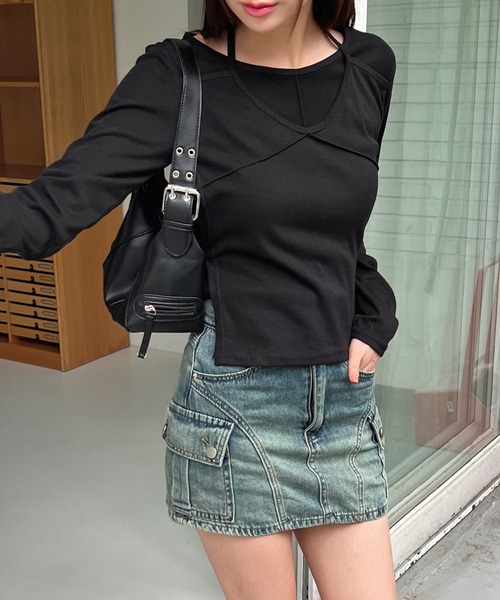 by muni:r（バイ ムニール）の「ホルターネックキャミレイヤードロングTシャツ（Tシャツ/カットソー・レディース・ブラック/オリーブ/グレー/ホワイト・FREE）」の3枚目の写真