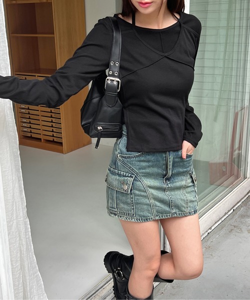 by muni:r（バイ ムニール）の「ホルターネックキャミレイヤードロングTシャツ（Tシャツ/カットソー・レディース・ブラック/オリーブ/グレー/ホワイト・FREE）」の10枚目の写真