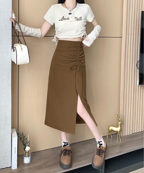 kirakiraShop（キラキラショップ）の「ウールライク シャーリング リボン スリット タイトスカート（スカート・レディース・ブラウン/ブラック・L/M/S）」の11枚目の写真