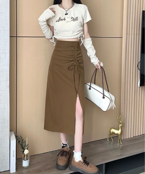 kirakiraShop（キラキラショップ）の「ウールライク シャーリング リボン スリット タイトスカート（スカート・レディース・ブラウン/ブラック・L/M/S）」の14枚目の写真