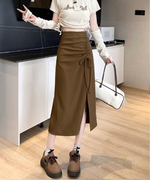 kirakiraShop（キラキラショップ）の「ウールライク シャーリング リボン スリット タイトスカート（スカート・レディース・ブラウン/ブラック・L/M/S）」の18枚目の写真