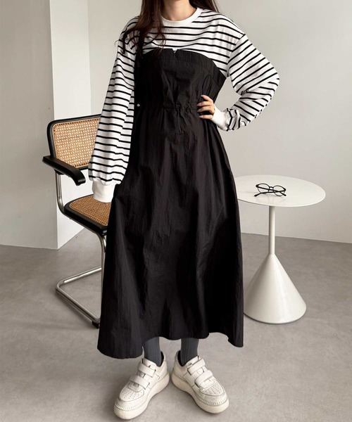 セール】春 にぴったり！レイヤード風ビスチェドッキングワンピース