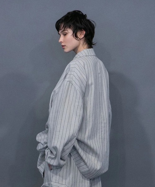 my beautiful landlet（マイビューティフルランドレット）の「【my beautiful landlet】 DOBBY STRIPE / HERRINGBONE COVERALL JACKET（カバーオール・メンズ・ライトグレー/ブラック・1/0）」の4枚目の写真