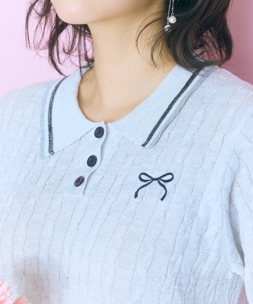 marun（マルン）の「＜大きいサイズ＞リボン刺しゅうポロニットmarun（ニット/セーター・レディース・ピンク/オフホワイト・5L/4L/3L/LL/L）」の3枚目の写真