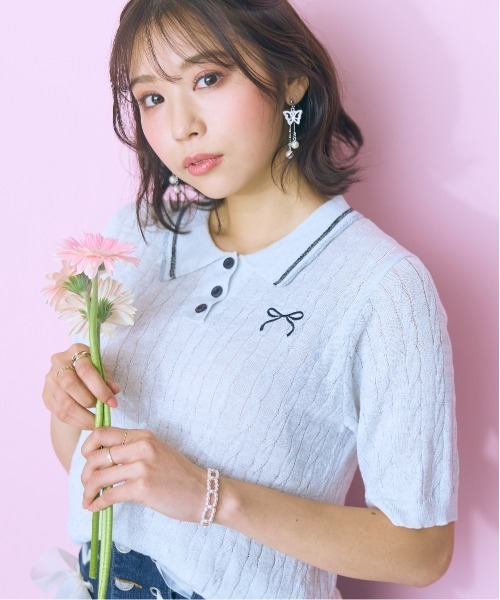 marun（マルン）の「＜大きいサイズ＞リボン刺しゅうポロニットmarun（ニット/セーター・レディース・ピンク/オフホワイト・5L/4L/3L/LL/L）」の9枚目の写真