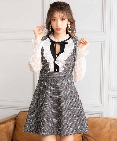 セール】韓国ワンピースフリル×ドット柄シースルー長袖ネック