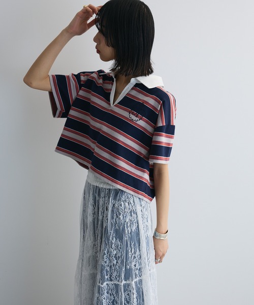 エムブレム刺繍ショートボーダーカットソー セール】エンブレム刺繍ショートボーダーカットソー（Tシャツ