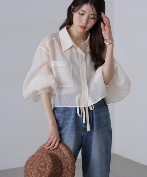 FREE'S MART（フリーズマート）の「◆シアーオーガンジーショート丈シャツ（シャツ/ブラウス・レディース・ピンク/ブルー/ブラック/ホワイト・FREE）」の2枚目の写真