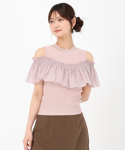 MISCH MASCH（ミッシュマッシュ）の「肩開きラッフルアイレットリブニット（ニット/セーター・レディース・グレー/ブラック/ピンク・ﾌﾘ-）」の11枚目の写真