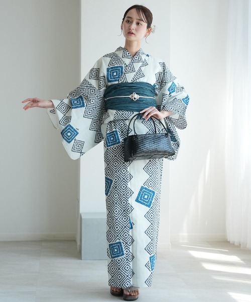 見事な 浴衣3点セット きなりに片寄せ（浴衣）｜utatane ローケツ染め風 着物・浴衣・和小物