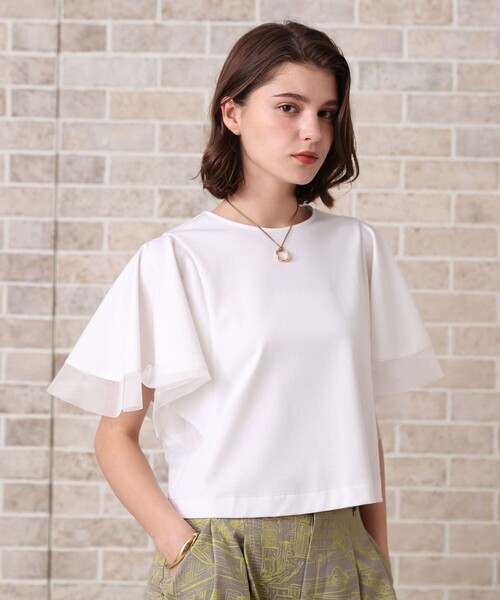tシャツ ポンチオーガン使いフレア袖 プルオーバー レディース ポンチオーガン使いフレア袖 プルオーバー（Tシャツ/カットソー
