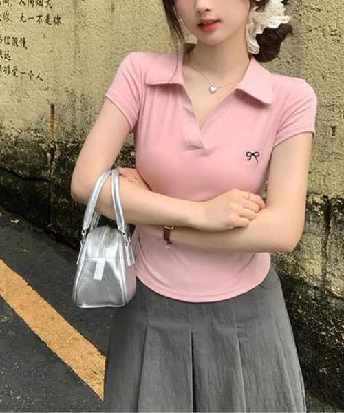 meJane(ミージェーン)の「ワンポイントリボン刺繍 スキッパーポロシャツ(ポロシャツ・レディース・ホワイト/ブラック/ベビーピンク・FREE)」の18枚目の写真