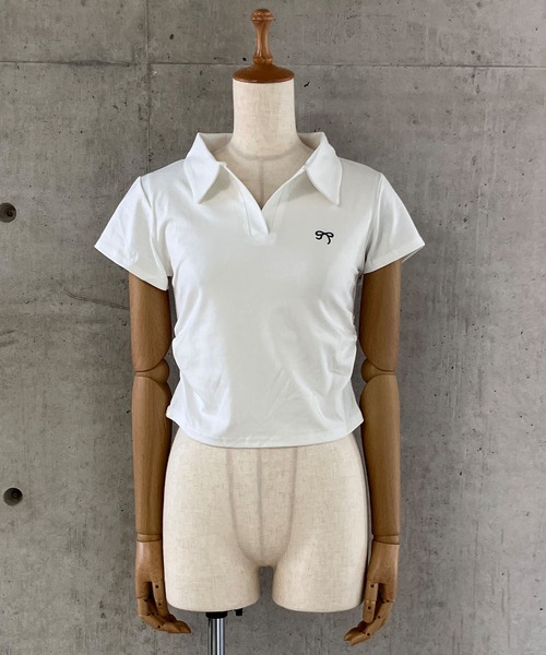 meJane(ミージェーン)の「ワンポイントリボン刺繍 スキッパーポロシャツ(ポロシャツ・レディース・ホワイト/ブラック/ベビーピンク・FREE)」の6枚目の写真
