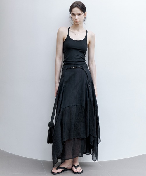 tageechita（タジチタ）の「【tageechita】レイヤード不規則ヘム ハイウエストAラインスカート（スカート・レディース・ブラック/ベージュ・S/M/L）」の6枚目の写真
