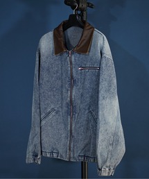 unrelaxing | 襟レザー ビッグシルエット ヴィンテージライク デニムワークジャケット / デニムブルゾン / Gジャン デニムジャケット(ブルゾン)