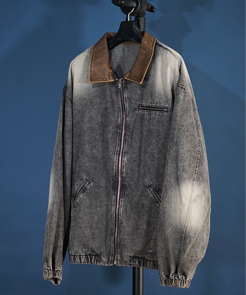 unrelaxing（アンリラクシング）の「襟レザー ビッグシルエット ヴィンテージライク デニムワークジャケット / デニムブルゾン / Gジャン デニムジャケット（ブルゾン・メンズ・ブラック系その他/インディゴブルー/ブラック・LARGE/MEDIUM）」の2枚目の写真