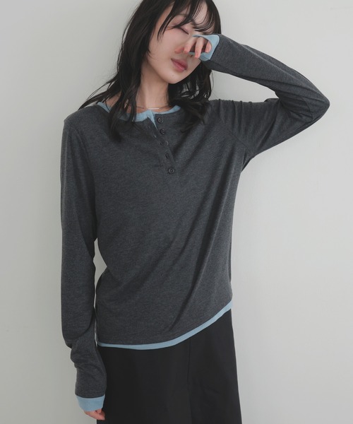 LIAN(リアン)の「バイカラーヘンリーネックプルオーバー【入荷禁止】(Tシャツ/カットソー・レディース・グレー/チャコールグレー/ブラウン・FREE)」の5枚目の写真