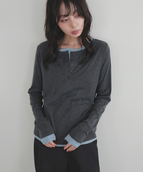 LIAN(リアン)の「バイカラーヘンリーネックプルオーバー【入荷禁止】(Tシャツ/カットソー・レディース・グレー/チャコールグレー/ブラウン・FREE)」の7枚目の写真