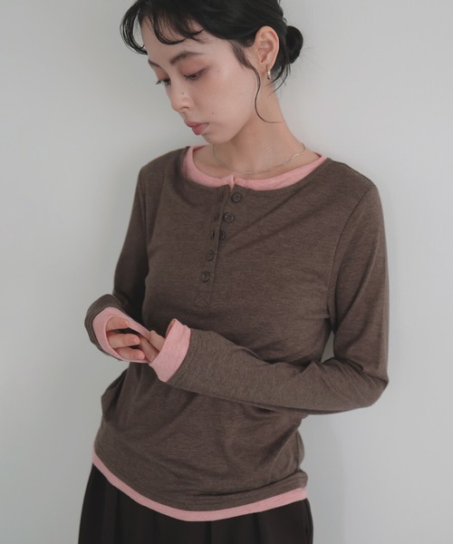LIAN(リアン)の「バイカラーヘンリーネックプルオーバー【入荷禁止】(Tシャツ/カットソー・レディース・グレー/チャコールグレー/ブラウン・FREE)」の15枚目の写真