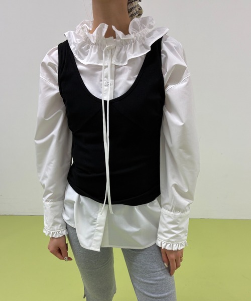 FUULLY STUDIO(フーリィーステューディオ)の「ビスチェライクレイヤードタンクトップ(タンクトップ・レディース・ブラック/イエロー/ダークブラウン/グレー/ピンク・FREE)」の16枚目の写真