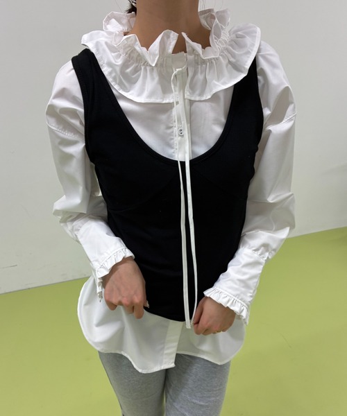 FUULLY STUDIO(フーリィーステューディオ)の「ビスチェライクレイヤードタンクトップ(タンクトップ・レディース・ブラック/イエロー/ダークブラウン/グレー/ピンク・FREE)」の17枚目の写真