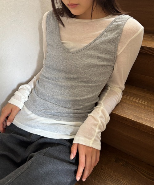 FUULLY STUDIO（フーリィーステューディオ）の「ビスチェライクレイヤードタンクトップ（タンクトップ・レディース・ブラック/イエロー/ダークブラウン/グレー・FREE）」の15枚目の写真