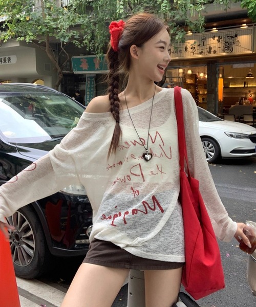 GEMEDA(ジェメダ)の「英字プリントシアーロングTシャツ(Tシャツ/カットソー・レディース・ホワイト系その他/ホワイト/ブラック/ベージュ/ブラック系・M)」の6枚目の写真