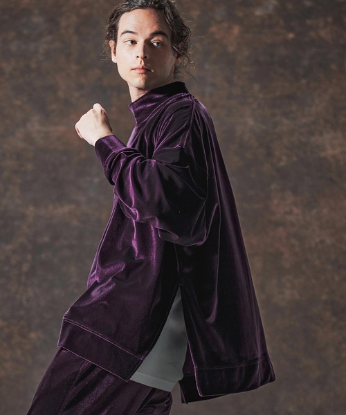 Jih Nunc(ジーヌンク)の「mlt5359-ストレッチベロアモックネックカットソー(JIH-R1124)(Tシャツ/カットソー・メンズ・ブラック/ブラウン/パープル・M/S/L)」の1枚目の写真