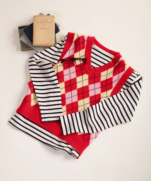 CHILD WOMAN（チャイルドウーマン）の「メリノウール アーガイルⅤネックベスト（ベスト・レディース・レッド/ネイビー・FREE）」の12枚目の写真