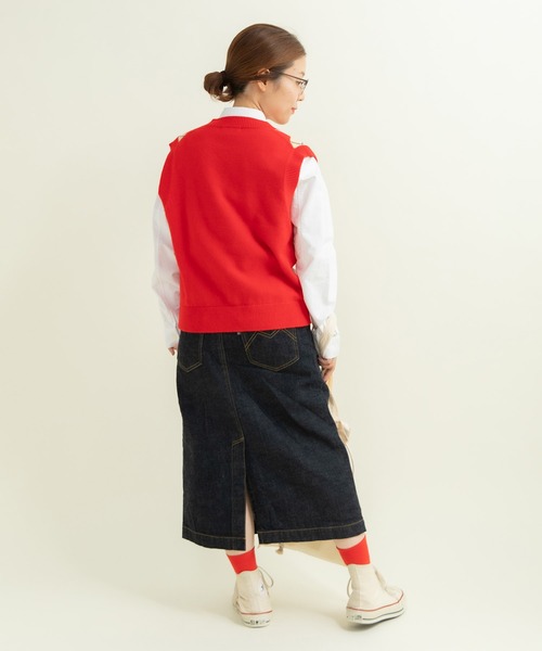 CHILD WOMAN（チャイルドウーマン）の「メリノウール アーガイルⅤネックベスト（ベスト・レディース・レッド/ネイビー・FREE）」の8枚目の写真