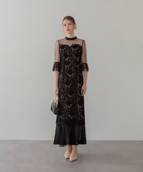 LEJA】フラワーレースドットストーンチュールIラインワンピースドレス