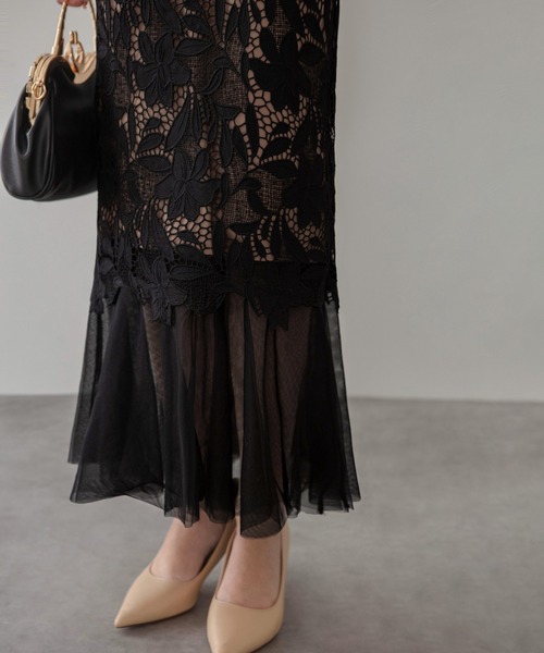 フラワーレースドットストーンチュールIラインワンピースドレス結婚式二次会成人式 セール】【LEJA】フラワーレースドットストーンチュールIライン