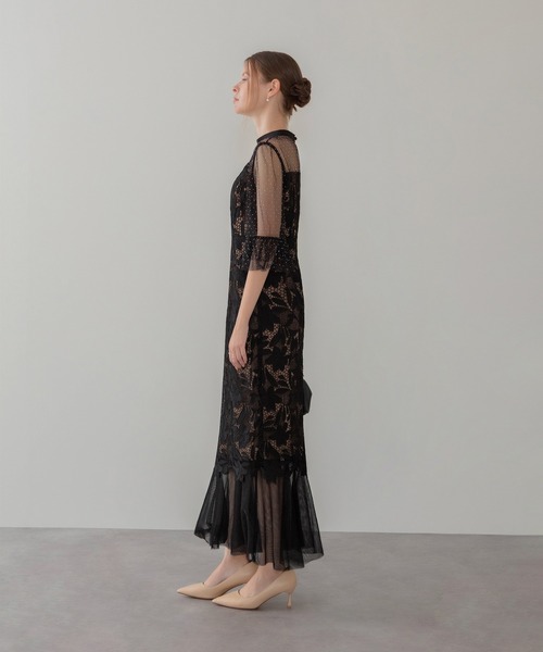 フラワーレースドットストーンチュールIラインワンピースドレス結婚式二次会成人式 LEJA】フラワーレースドットストーンチュールIラインワンピース