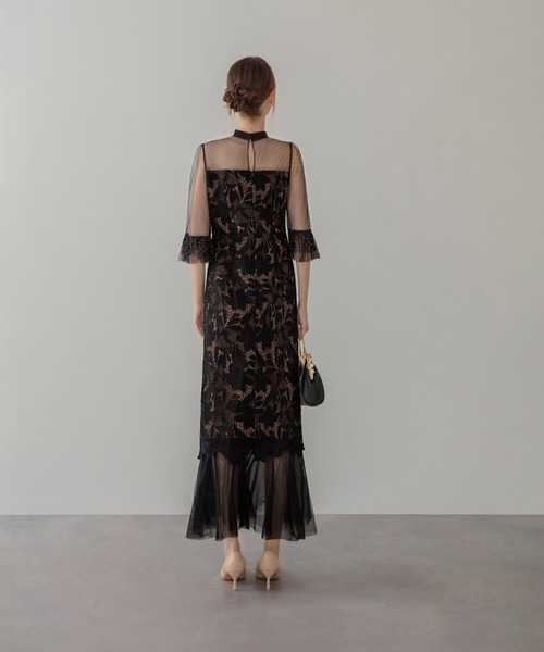 【leja】チュールフラワーモチーフドットストーンIラインワンピースドレス S 一部当日発送】チュールフラワーモチーフドットストーンIライン