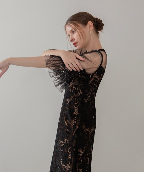 フラワーレースドットストーンチュールIラインワンピースドレス結婚式二次会成人式 セール】【LEJA】フラワーレースドットストーンチュールIライン