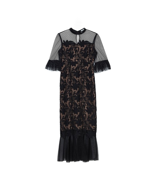 LEJA】フラワーレースドットストーンチュールIラインワンピース